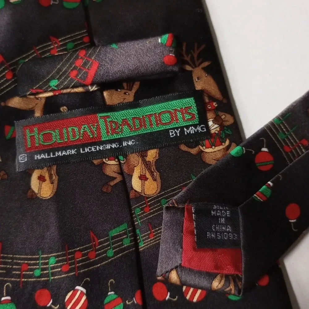 Holiday Traditions MMG Silk Tie Mens Black Musical Reindeer Christmas Hallmark